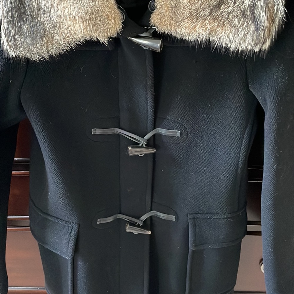 Burberry London black wool pea coat with removable fox fur collar, size 8/M - Picture 3 of 15